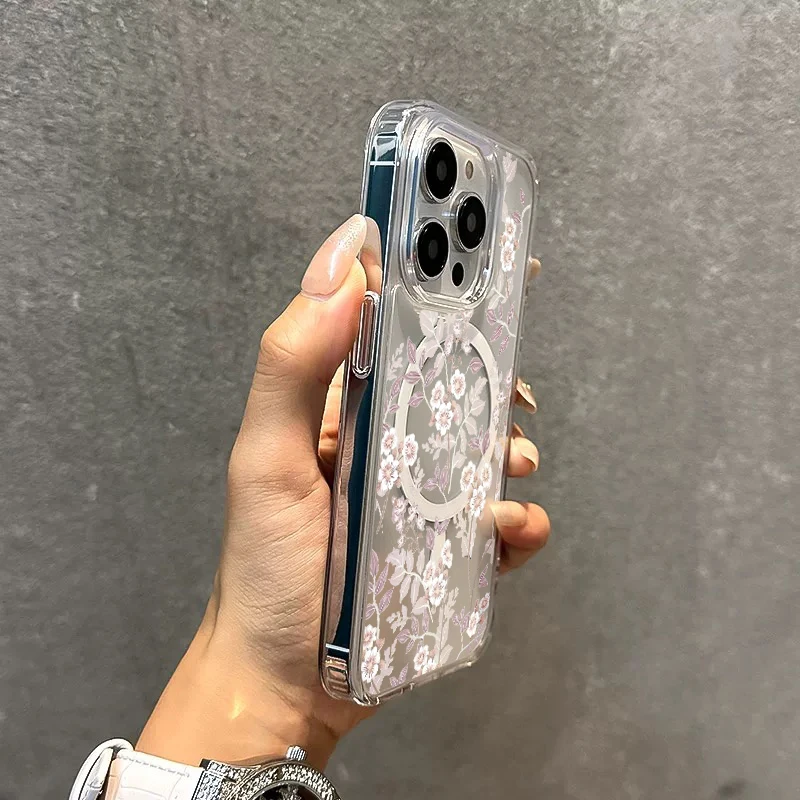 Elegant Purple White Floral Magnetic Clear Phone Case - Shockproof Hard Cover