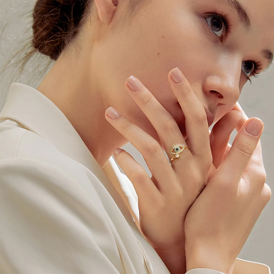 Anello Malocchio Regolabile Donna – Placcato Oro 14k, Con Zirconi, Design Aperto