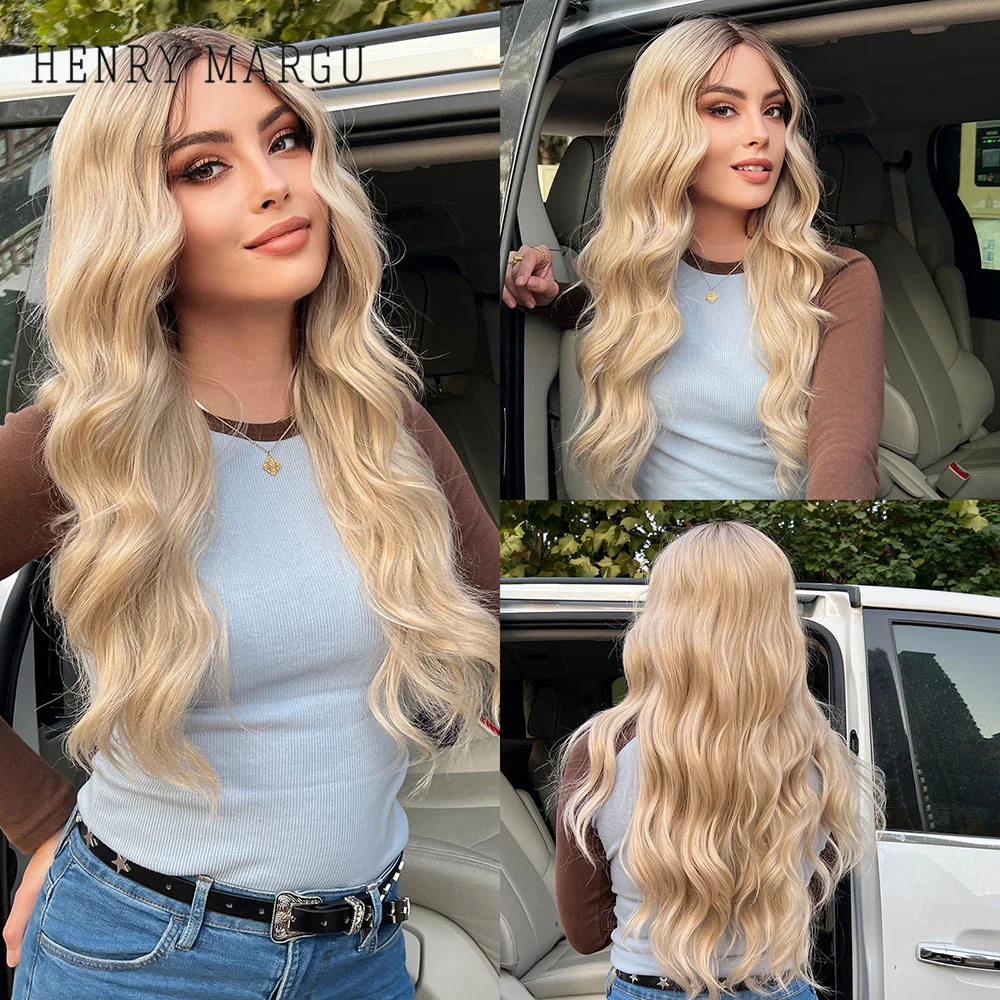HENRY MARGU Long Wavy Platinum Blonde Lace Front Natural Synthetic for Women Lace Frontal Daily Cosplay High Desity Fiber
