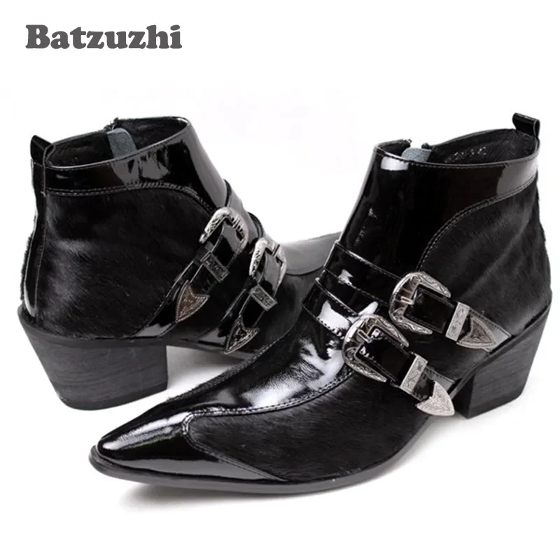 

Batzuzhi Fashion Winter Men Boots Pointed Toe Handsome Short Leather Boots Black Italian Style zapatos de hombre, Size EU38-46