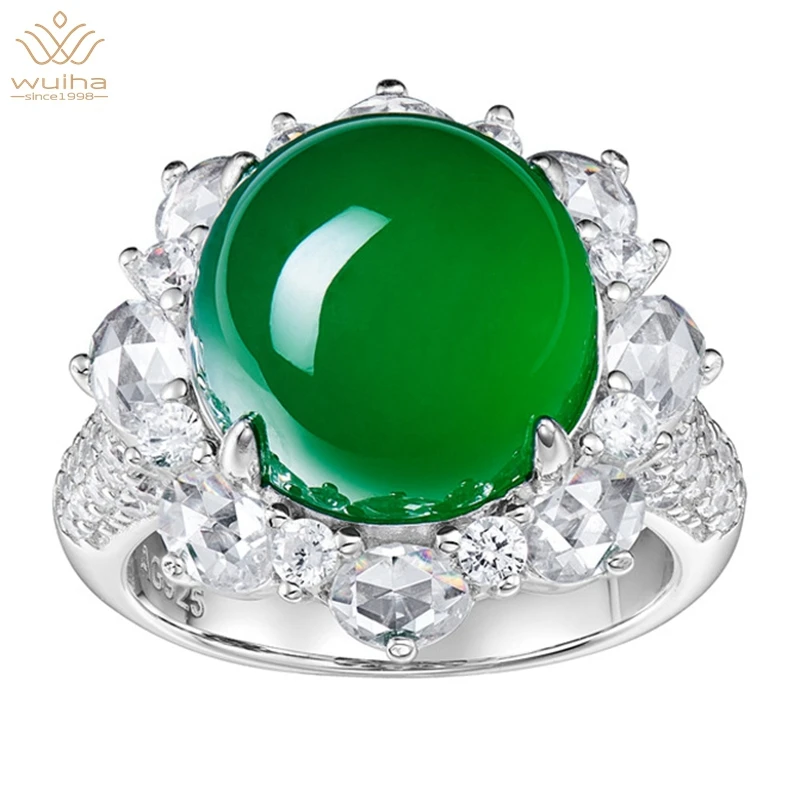 WUIHA Vintage 100% 925 Sterling Silver Round Green Jade