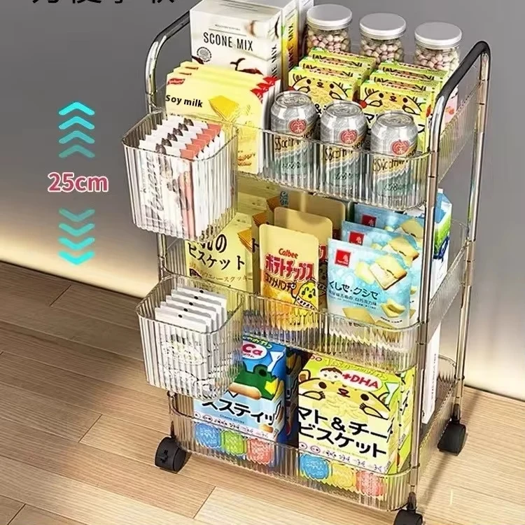UNTIOR Transparent Storage Rack Trolley Transparent Acrylic Rolling Cart with Hanging Basket Bathroom Acrylic Makeup Bookshelf