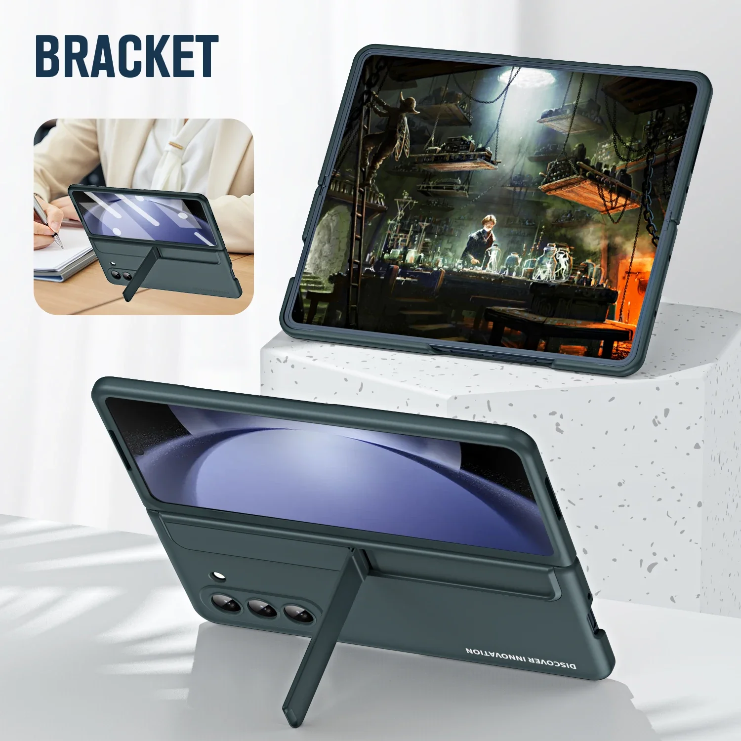 Case For Samsung Galaxy Z Fold 5 4 5G Detachable Pen Slot Holder Kickstand Plastic Cover With Front Screen Protector Glass