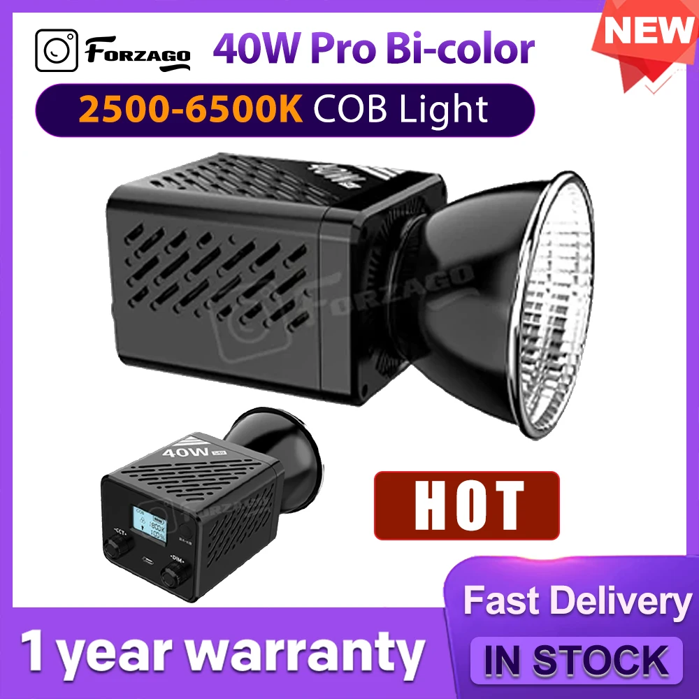 Forzago 이중 색상 2500 6500K COB 라이트 미니 보웬스 마운트, 사진 촬영용 비디오 라이트, 3400mAh, 40W