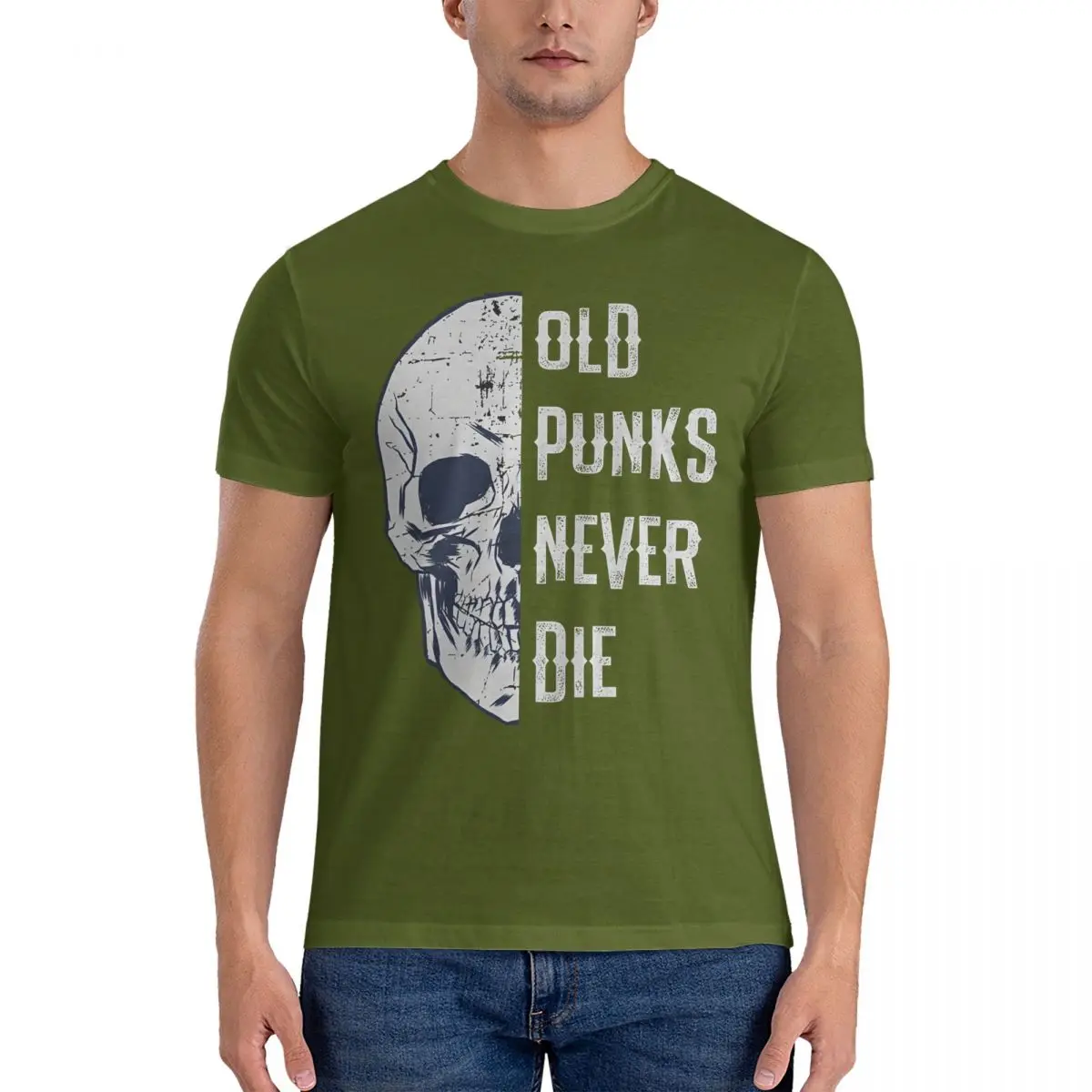 thumbnail image 1 of Camisetas vintage de calavera punk rockera, camisetas de algodón puro con cuello redondo, camisetas de manga corta con la frase "Old Punks Never Die", idea de regalo., 1 of 7