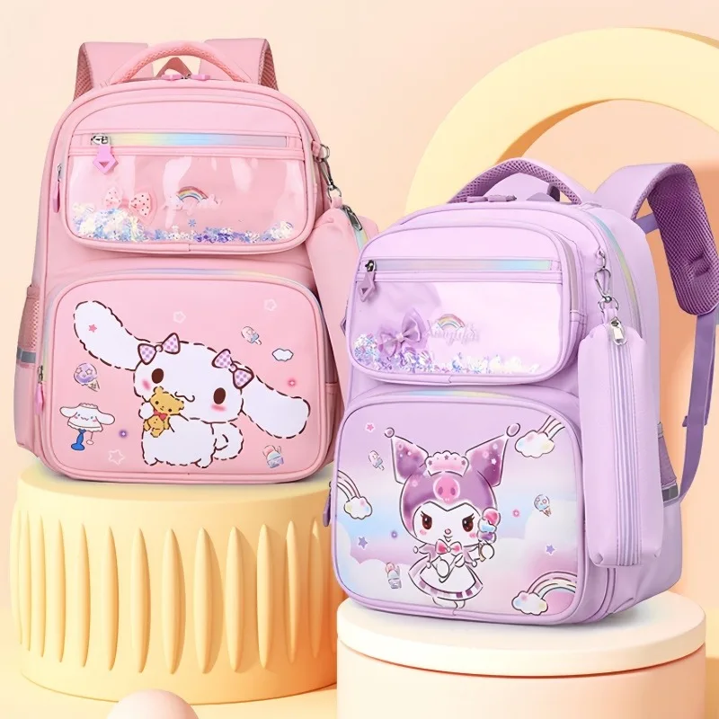 

Cartoon Cute Kuromi Student Sanrios Cinnamoroll Anime Kawaii Childrens Spinal Protection Load Reduction Learning Backpack Gift