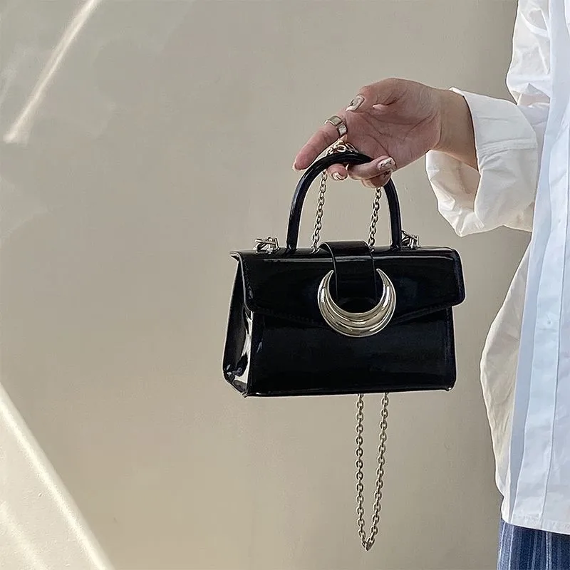 Hot Girl Solid Color Moon Lock Handbag Women Chain Patent Leather Shoulder Bag Ladies Sweet Cool Trendy Y2k Square Crossbody Bag