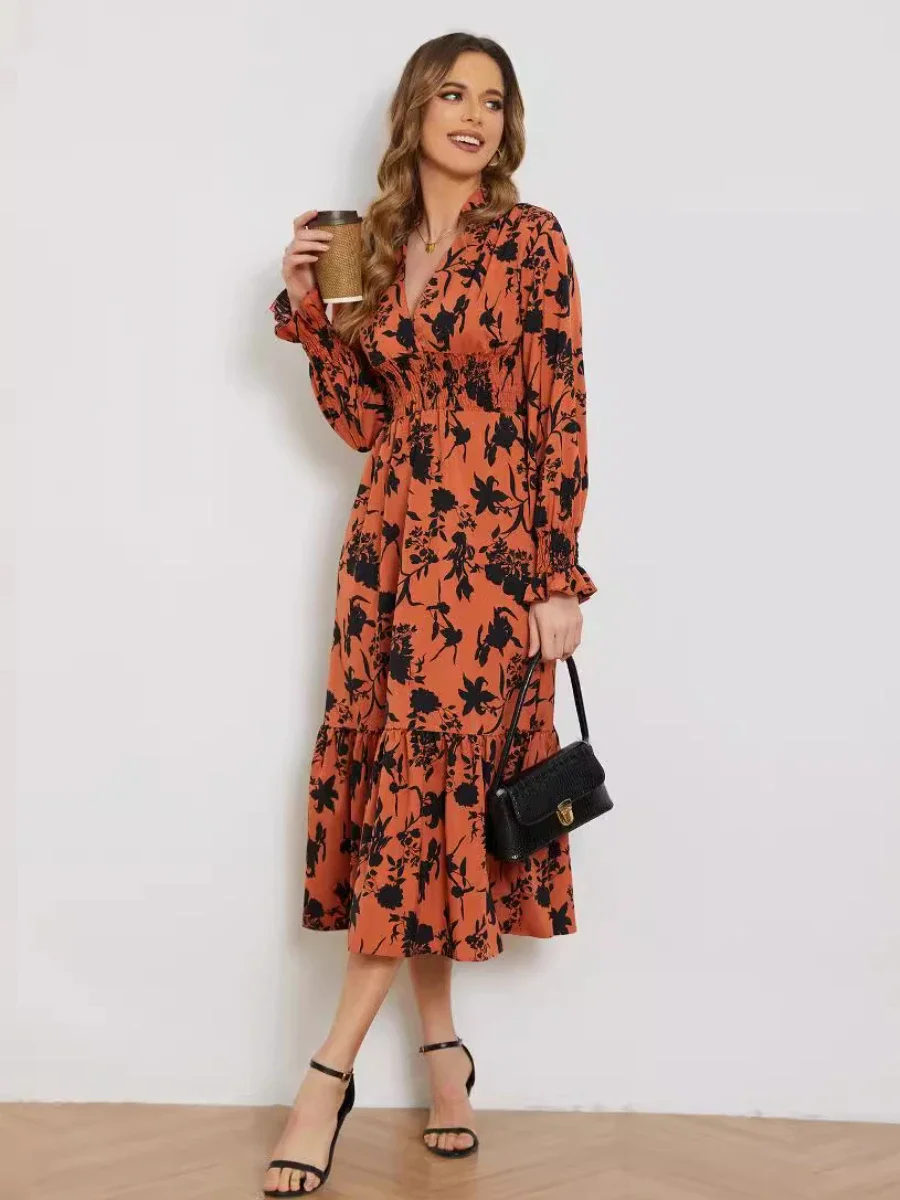Vestido 원피스 V넥 긴 소매 꽃 원피스, 우아한 하이웨이스트 프록, 얇은 여성 의류, 여름 의상, Tienda Traf