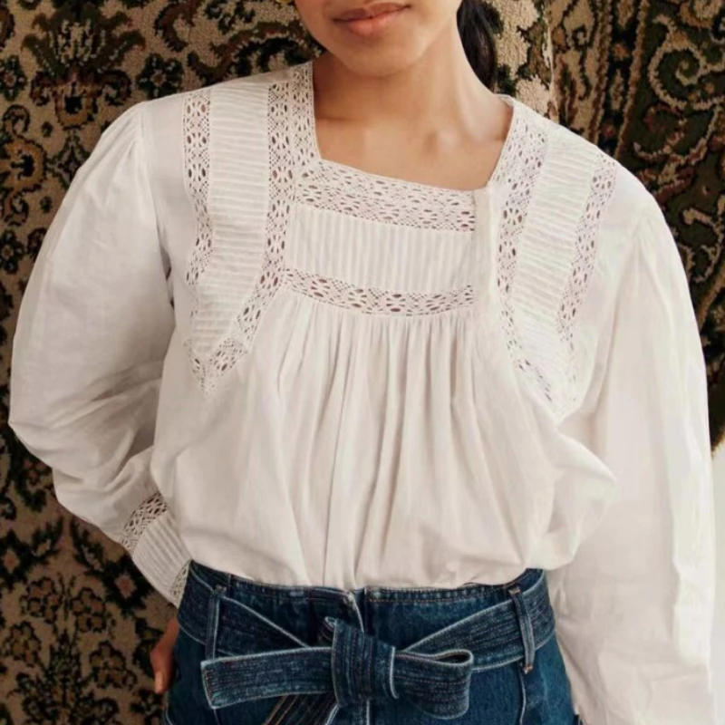 

2023 Autumn New Retro Lace Square Neck Loose Puff Sleeve Women Shirt