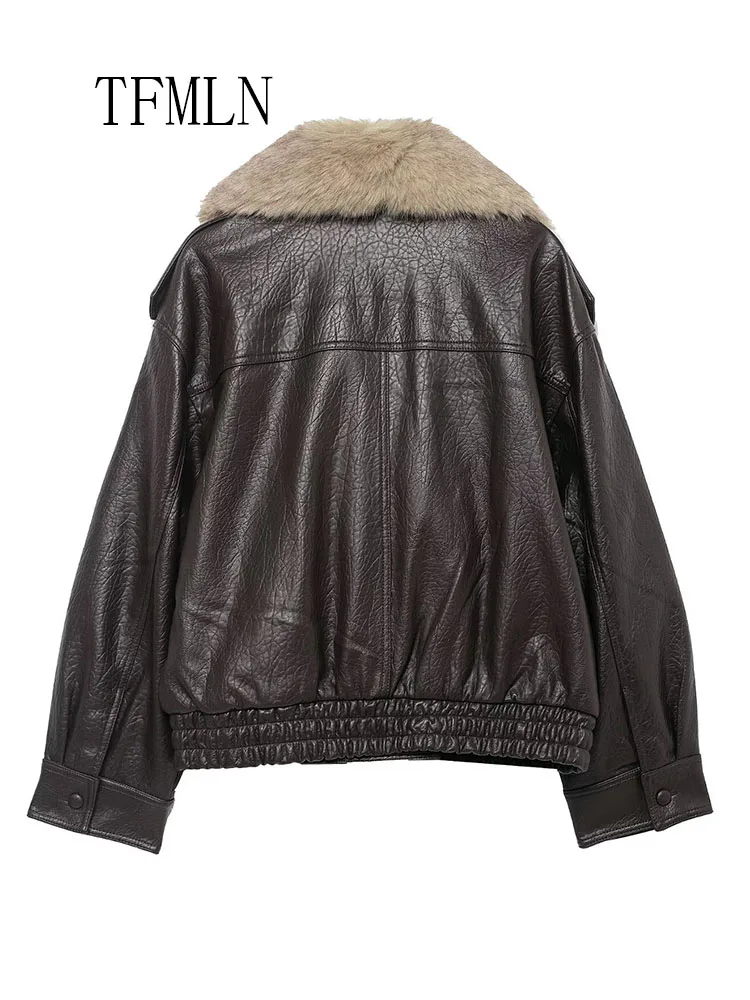 New Winter Women Collar Detachable Faux Leather Jacket Chic Causal Double Breasted Loose Coat High Street Long Sleeve Outwear