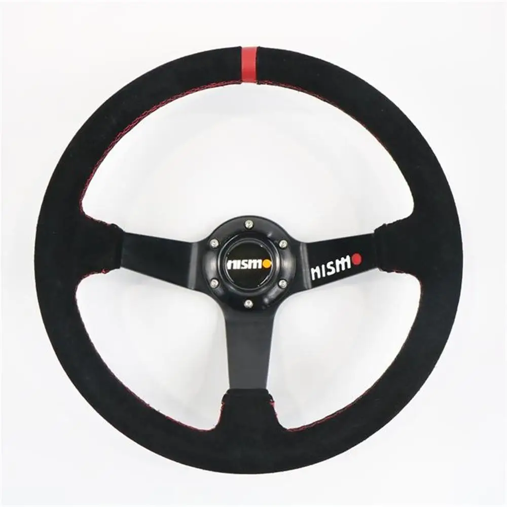 

NISM 14'' 350MM Steering Wheel Velvety Leather Sports Racing Horn Button Car For Toyota Honda Two Red Strips Universal