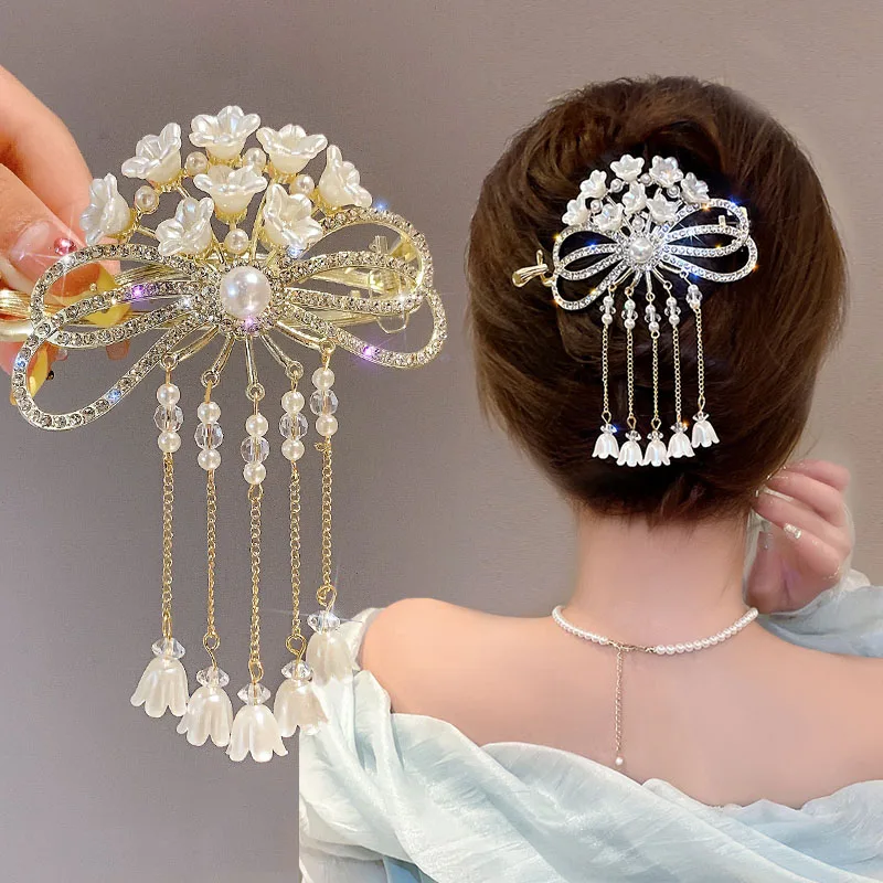 

Retro Chinese Style Bell Orchid Tassel Hair Clip Exquisite Pearl Twist Clip Ponytail Hair Accessories for Women Girls