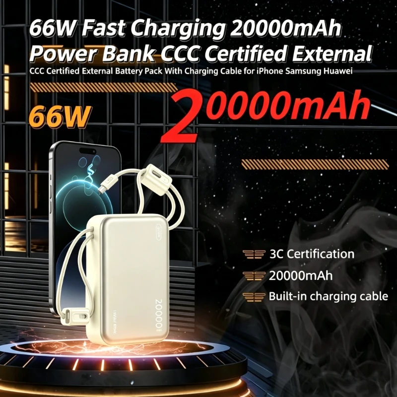 Power Bank da 20000mAh con Ricarica Rapida 66W, Batteria Esterna Certificata CCC con Cavo di Ricarica per iPhone Samsung Huawei Xiaomi