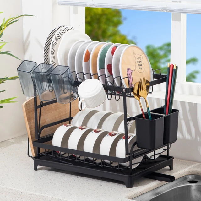 2 Tier Metal Plate Dish Drainer Rack with Utensil Cup Holder