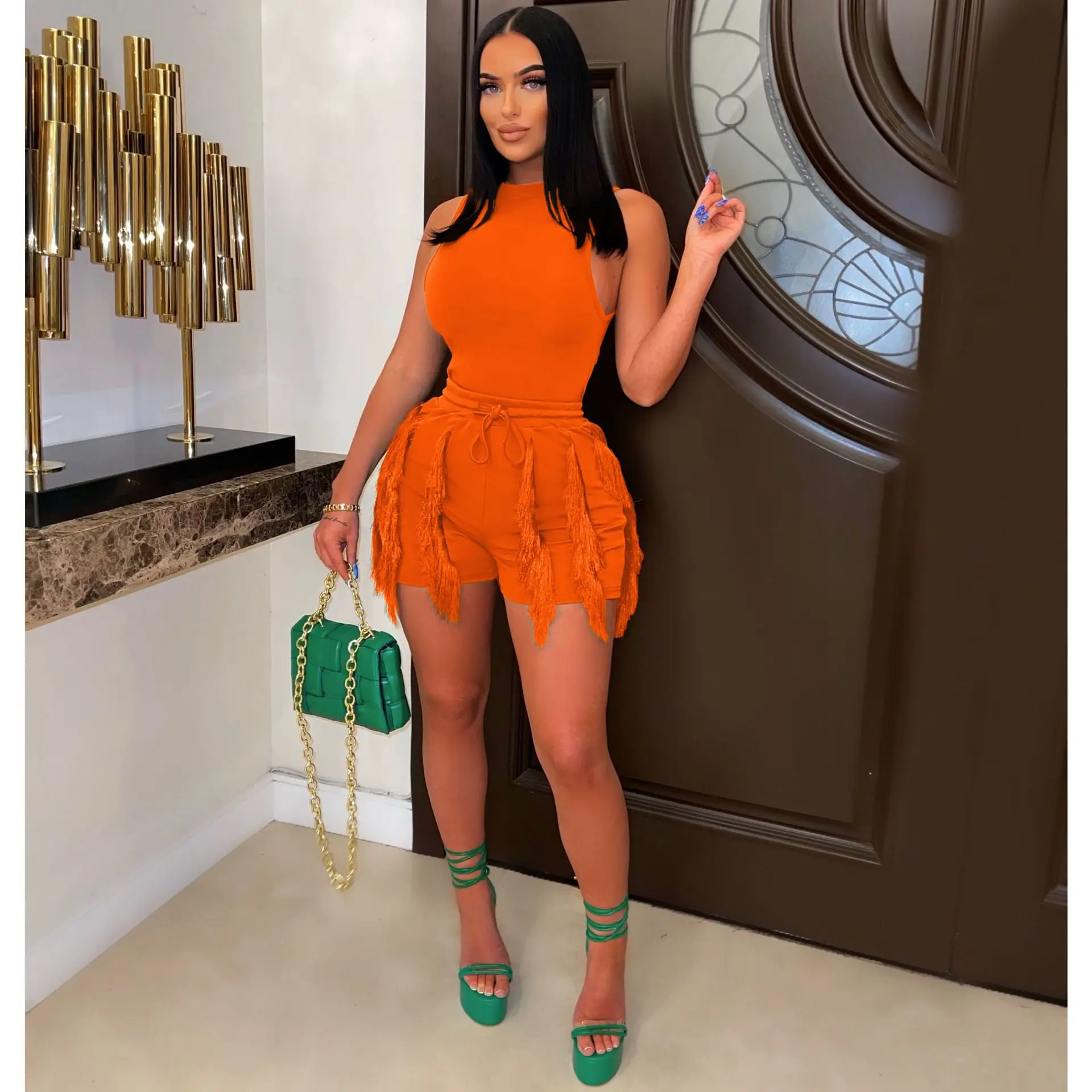 Fashion Tassel Lace 2 Piece Sets Womens Outifits Sexy Sleeveless Playsuits and Drawstring Shorts Streetwear Female Casuals Suit