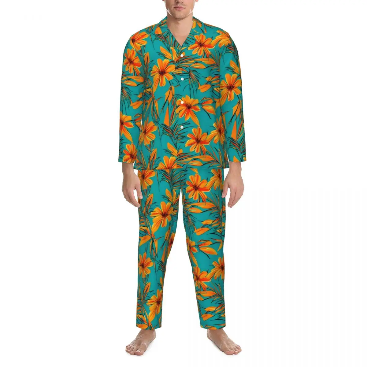 

Мужская пижама с тропическим принтом, домашняя одежда для сна, винтажный пижамный комплект из двух предметов с тропическим принтом, милый домашний костюм большого размера с длинными рукавами