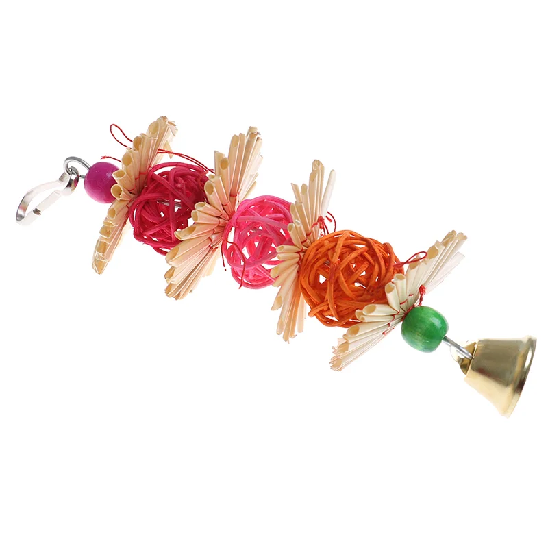 1PC Colorful Parrot Chew Strands Bite Teeth Griiding Ball Bell Attractive Bird Parakeet Natural Straw Flower Rattan Ball Toy
