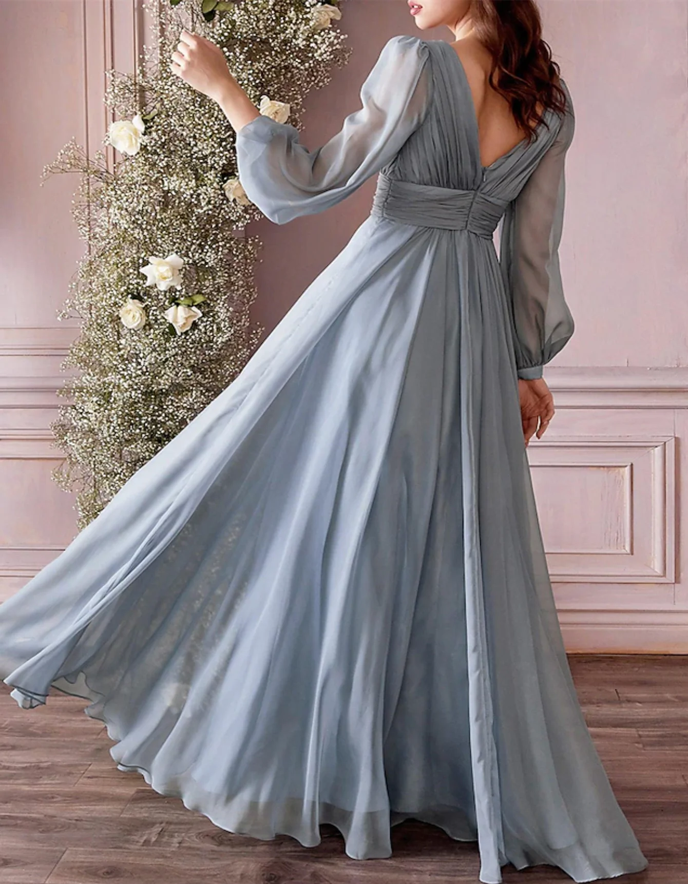 A-Line Bridesmaid Dress V Neck Long Sleeve Blue Floor Length Chiffon with Ruching / Solid Color