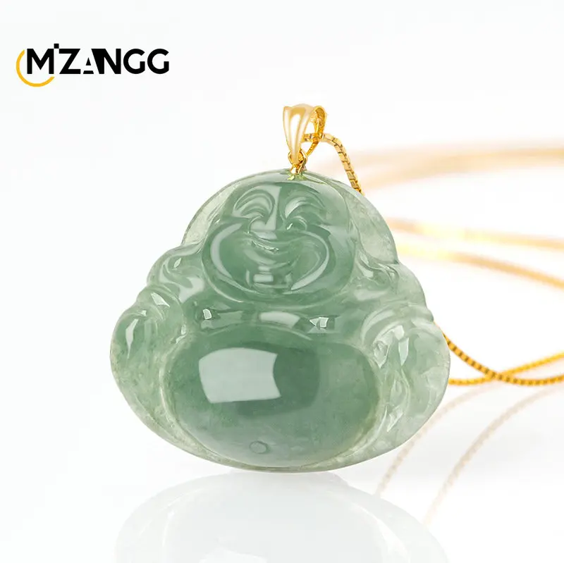 18 Karat Gold eingelegte natürliche Birma eine Ware Jadeit öl grün Maitreya Buddha Anhänger Halskette Frauen Eis Jadeit glück verheißen den Anhänger