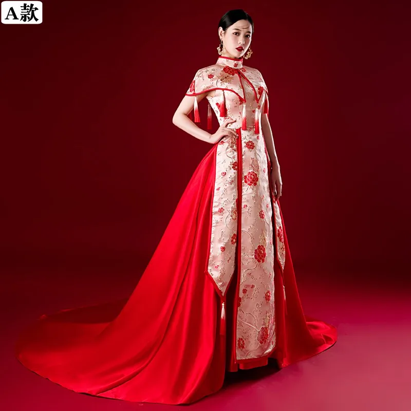 

Oriental Evening Dress Women Elegant Tailing Satin Chinese Cheongsam Wedding Traditional Red Bride Party Qipao Chinoise Femme
