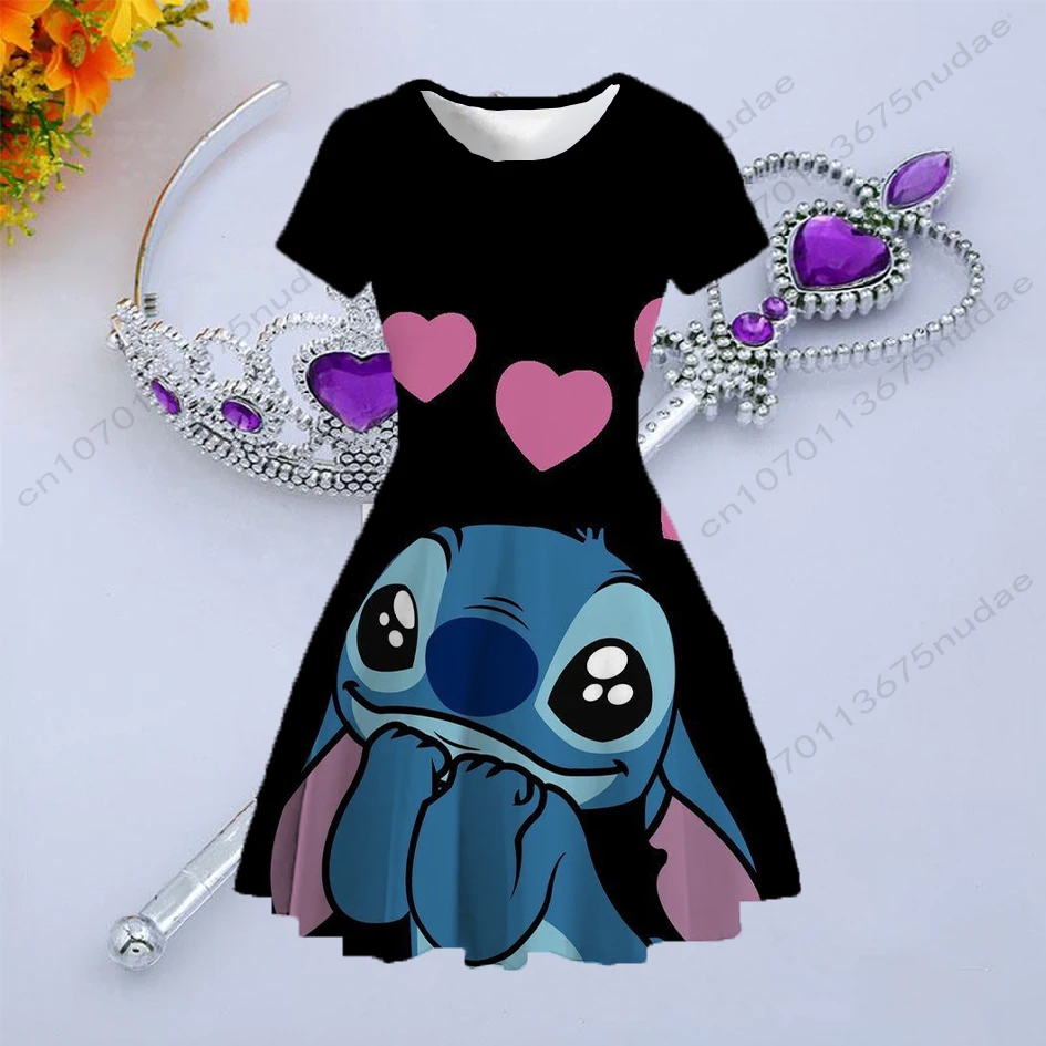 Robe imprimée Disney Stitch pour filles, robe de soirée pour adolescentes,  vêtements d'été, manches courtes, dessin animé, enfants de 2 à 12 ans