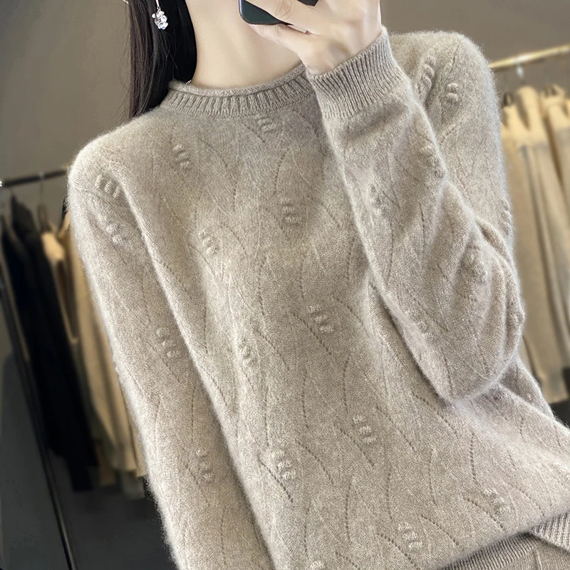 

Curled Hollowed Out Round Neck 100% Pure Cashmere Sweater For Women's Autumn And Winter Knitted Sweater Loose Bottomed Sweater