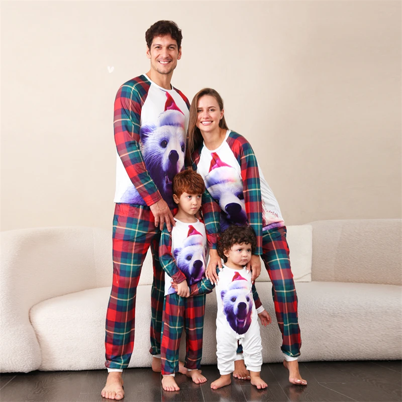 

2023 Polar Bear Christmas Family Matching Pajamas Sets Plaid Daddy Mommy and Me Xmas Pj's Clothes Father Mother Kid Baby Pyjamas