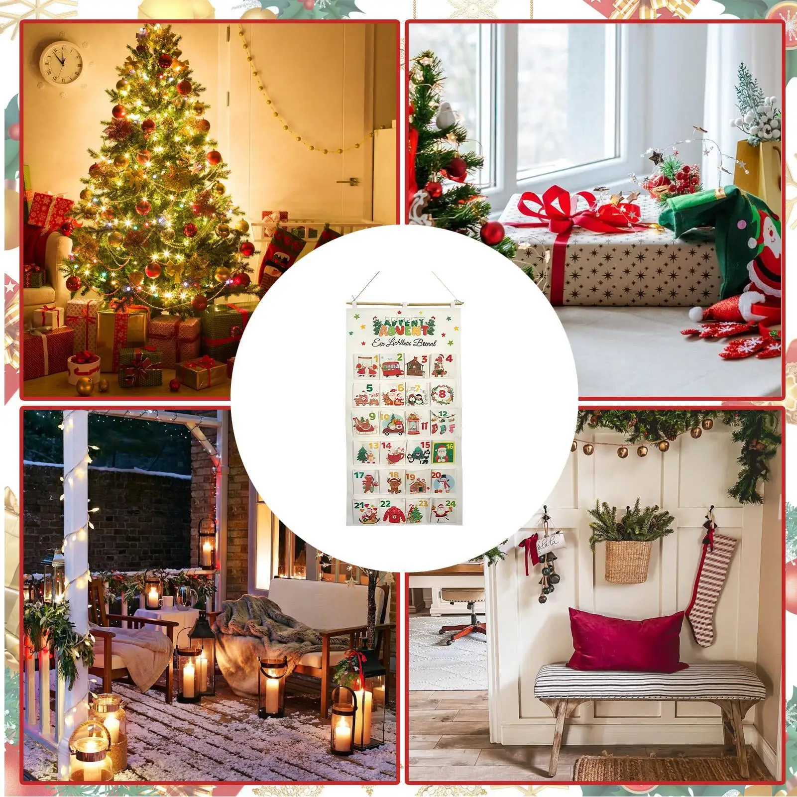 Christmas Fabric Advent With Pockets 24 Days Storage Bag Refillable Countdown Calendar Bag For Living Room Study Apartment Wall