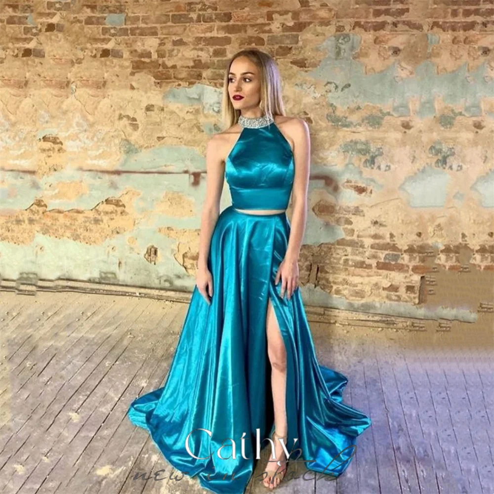 

Cathy Silk Two Piece Suit Prom Dress 2023 Glitter Sequins Neck Vestidos De Noche Shiny Green Side Split A-line فساتين السهرة
