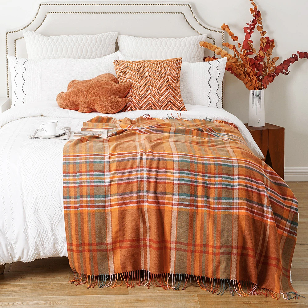 Orange Plaid Throw Blanket - Soft Lightweight Cashmere Blanket with Tassels for Bed and Sofa, Summer Home Decor - Image 3