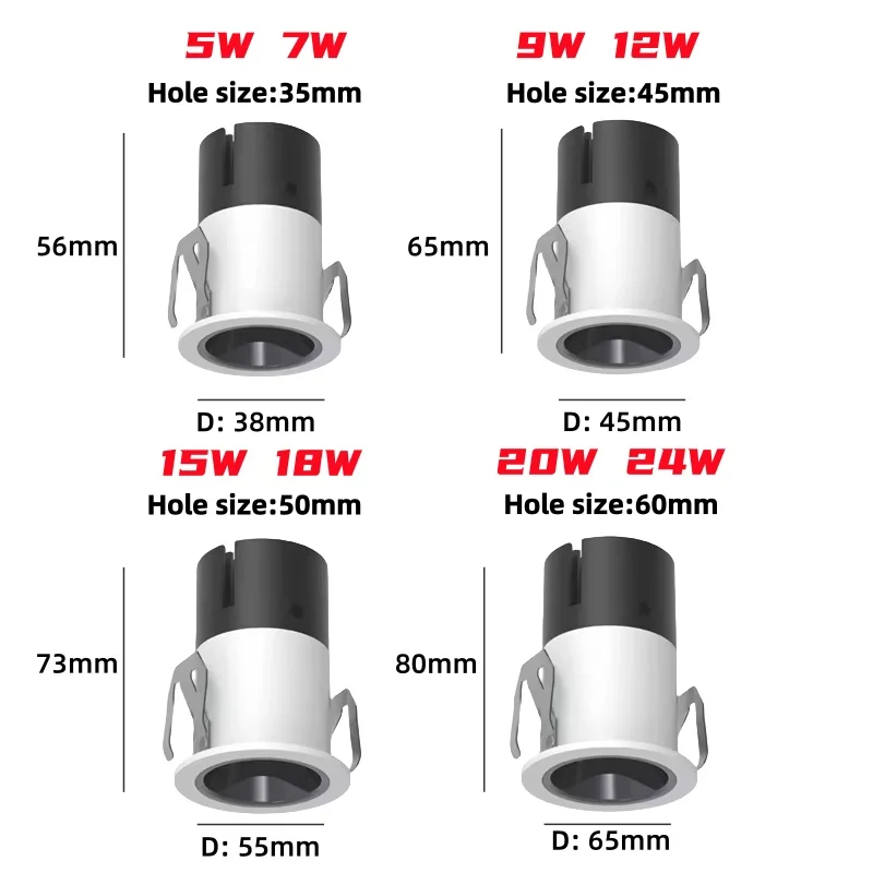미니 LED 내장형 스포트라이트 구멍 35-60mm, 거실 쇼핑몰 천장 스팟 다운라이트 5W7W9W12W15W110V/220V 조명기구