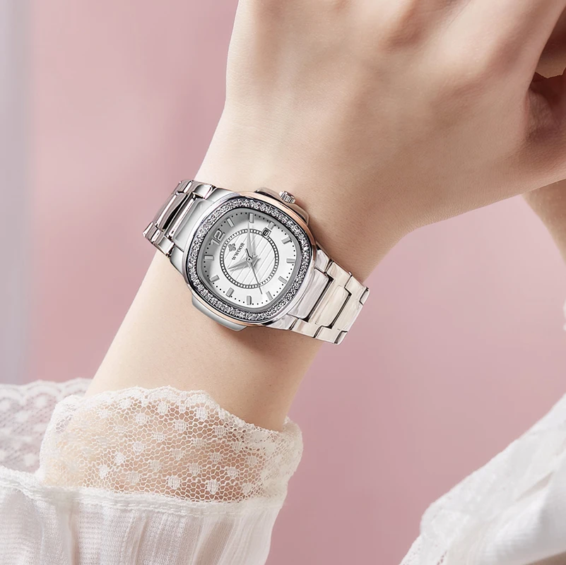 WWOOR Luxury Women White Watch Fashion Ladies Diamonds Quartz Wristwatch Calendar Female Clock Bracelet Watch New Elegant Reloj