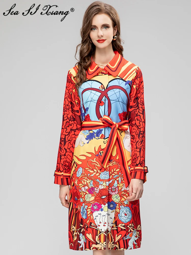 

Seasixiang Fashion Designer Autumn Trench Coat Women Long Sleeve Lace-UpFlowers Print Vintage Single Breasted Outwear