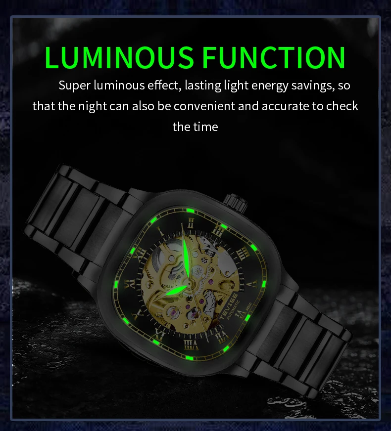 TEVISE New Automatic Watch Mechanical Movement Square Shape Case Skeleton Watch Luminous Fashion Gift