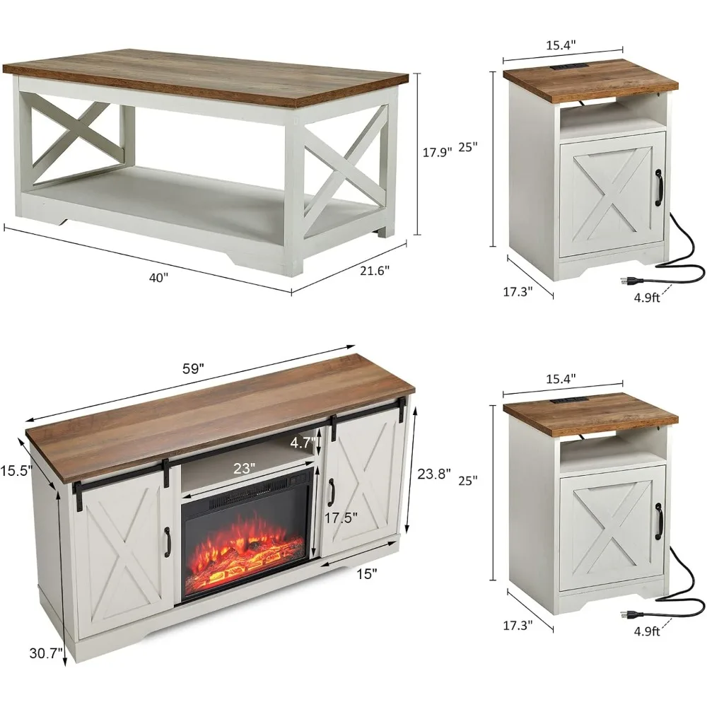 5-Piece Table Set includes Fireplace TV Stand Coffee Table& Two End Tables with Charging Station and USB Ports Distressed White