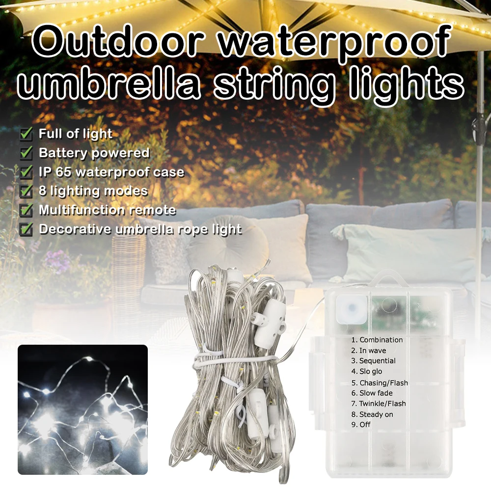 

104 LED Garden Umbrella Light Outdoor Waterproof IP67 AA Battery/Solar Powered Lamp String for Garden Patio Fairy Decorative