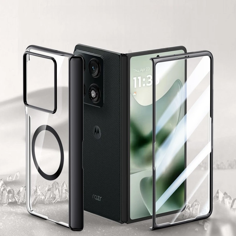 Magnetic Electroplated Foldable Phone Case with Hinge Protection, Kickstand, and Tempered Glass