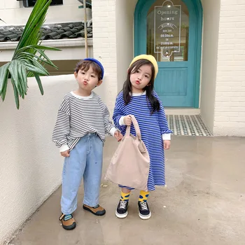 스트라이프 코튼 루즈 풀오버 원피스 긴팔 보터밍 셔츠, 유아 자매 룩, 한국 용수철 가을, 2024