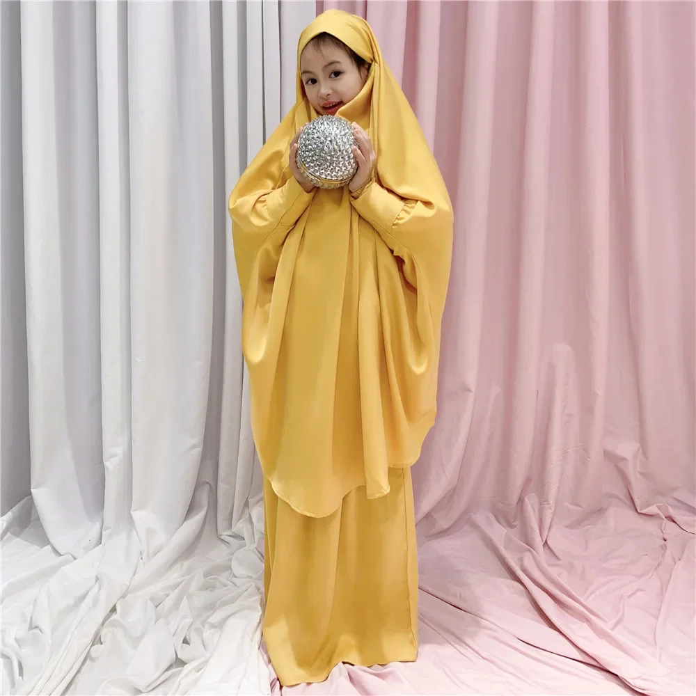 Ramadan Eid Hooded Abaya for Kids Girl 2 Piece Muslim Set Prayer Clothes Overhead Jilbab Hijab Dress Khimar and Skirt Suit Islam