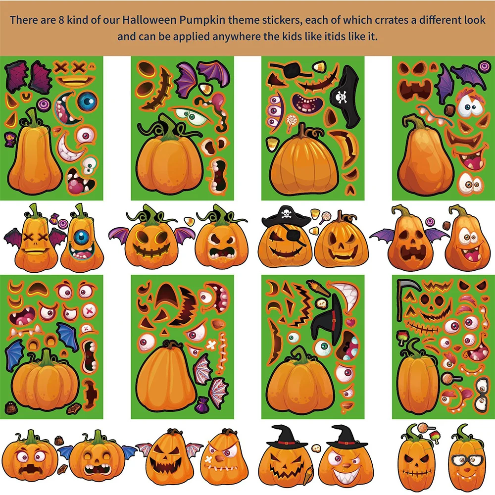 8/16sheets DIY Horror Pumpkin Halloween Stickers Gothic Graffiti Sticker for Wall Fridge Guitar Phone Festivals Decoration Decal wall mounted marker holder and organizer for whiteboard fridge locker and table