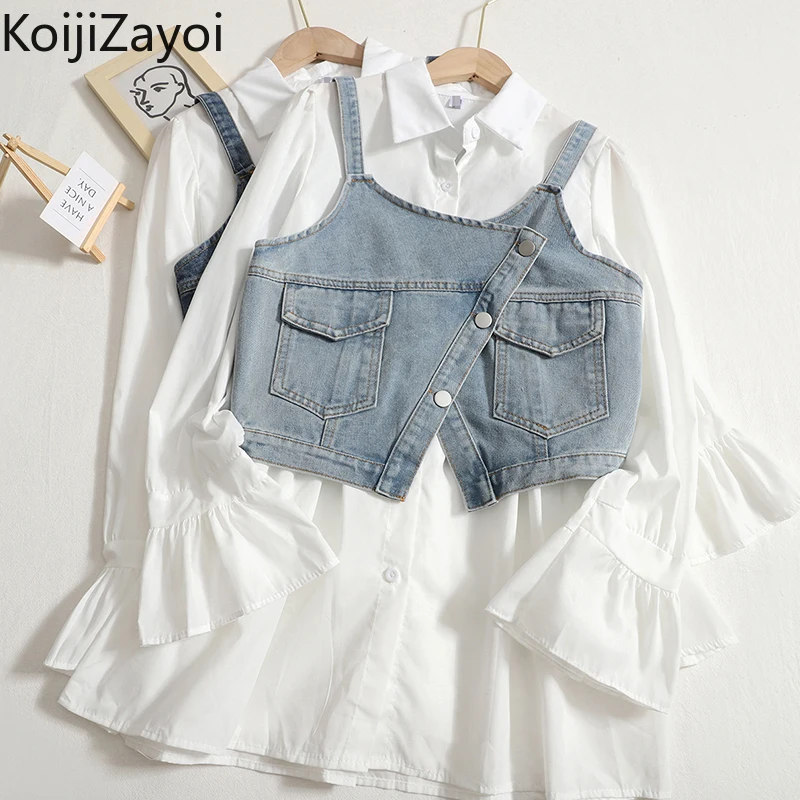 

Koijizayoi Fashion Women Two Pieces Dress Set Long Sleeves Shirt Maxi Dress Jeans Camisole Spring Autumn 2022 Outfits Chic Set