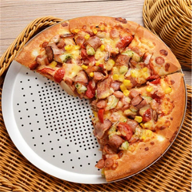 YOMDID Round Pizza Pan Thickening Punching Holes Pizza Pie Pan Mold Aluminium Alloy Pancake Baking Trays Kitchen Bakeware pizza