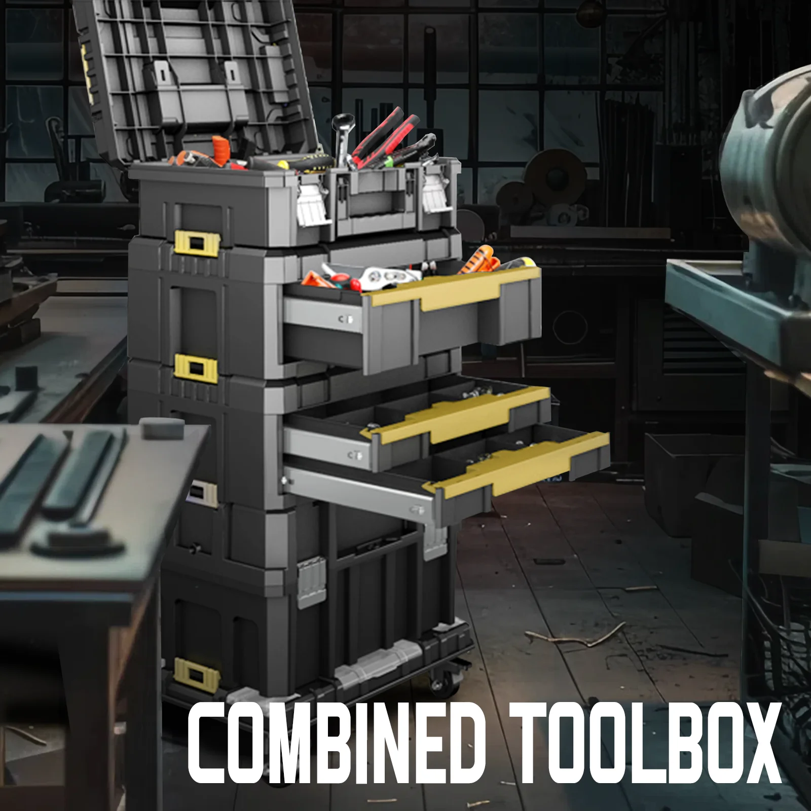 AIRAJ Stackable Tool Box, Flat Top Lockable Storage Tote with Pulleys for Drill Driver Wrench Hammer and Angle Grinder - Image 2