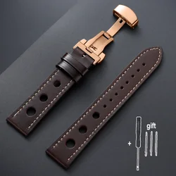 Vintage Brown and Black Oil Wax Cowhide Leather Watch Straps with Butterfly Buckle and Breathable Design - 20mm (Dark Brown - Rose Gold)