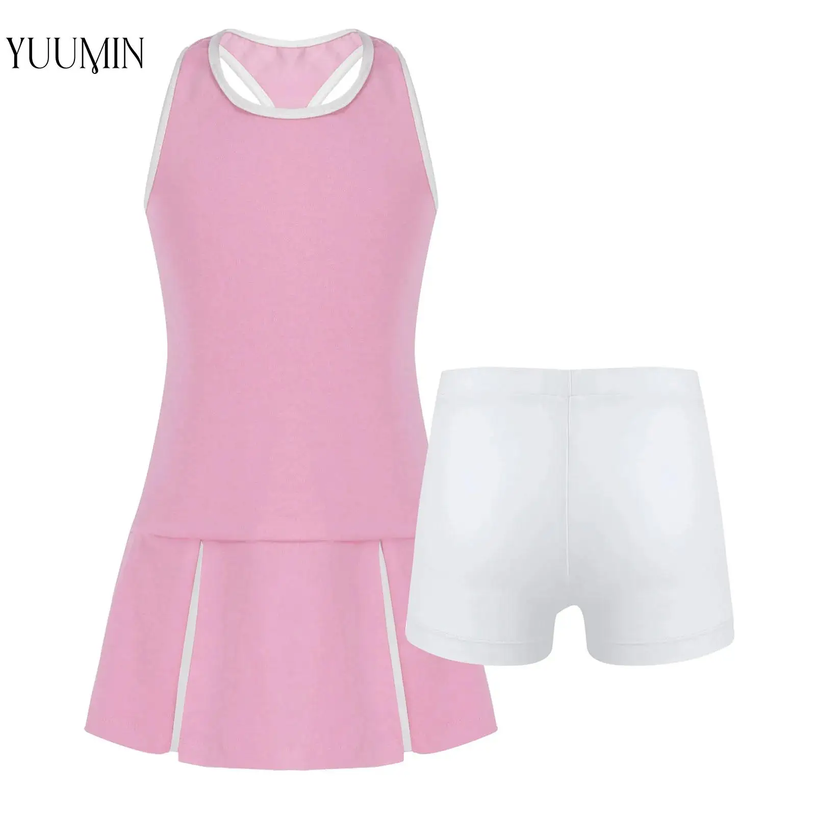 

Kids Girls Golf Tennis Dress with Shorts Underpants Outfits Solid Color Sleeveless Sports Dress Workout Outfits