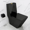 Square One Piece Toilet Black With Gold Button For Modern Bathroom, Diamond-Shaped Sleek Design Elonagted Rectangle Glossy Black 1