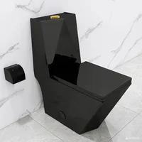 Square One Piece Toilet Black With Gold Button For Modern Bathroom, Diamond-Shaped Sleek Design Elonagted Rectangle Glossy Black 1