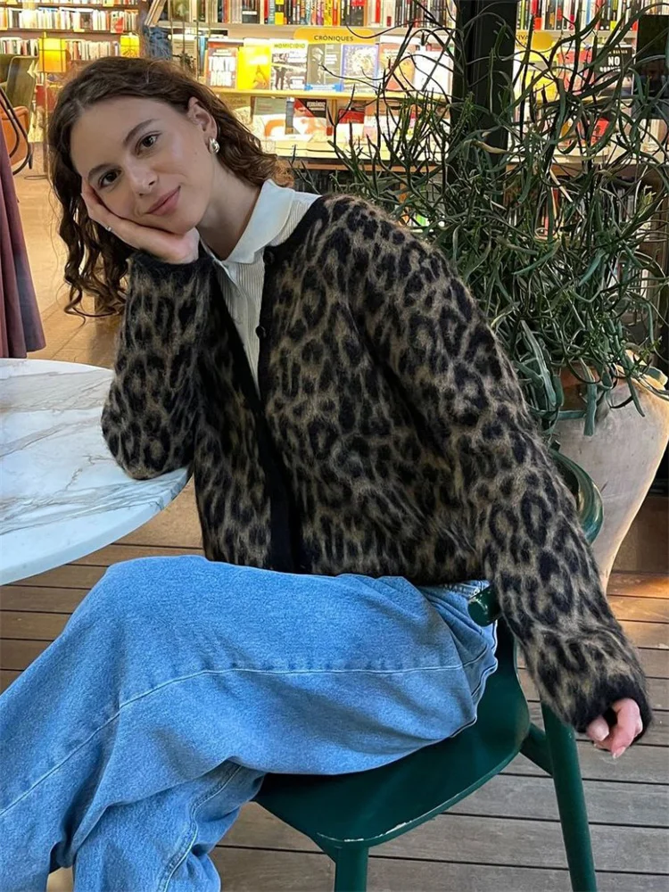 Suéter tipo cárdigan de leopardo para mujer, con estampado de moda en contraste, holgado, de manga larga, para ir al trabajo, cárdigan de otoño para mujer