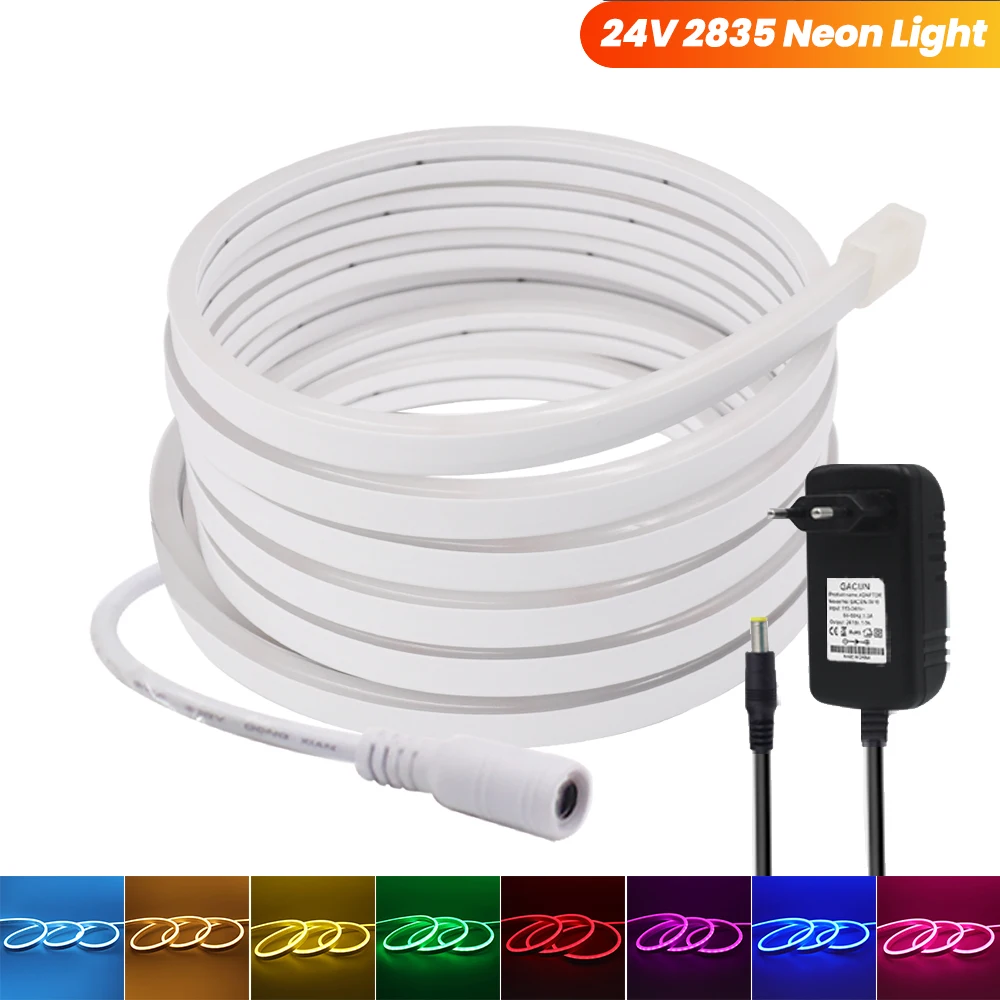 

24V LED Neon Light with EU Power Plug 0.5m 5m 10m 20m Flexible LED Strip Light 2835 120LEDs Waterproof LED Tape 5x11mm LED Rope
