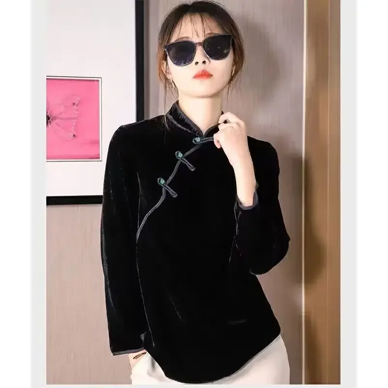 Spring Retro Elegant Long Sleeve Loose Long Tradition Cheongsam Dress Loose Chinese Collar Modern Improved Qipao